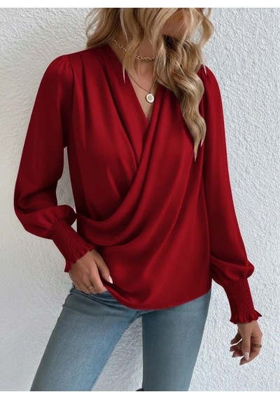 Defymoda Kadın Uzun Kollu Dökümlü Kruvaze Yaka Kol Ucu Gipeli Sandy Bluz Kırmızı