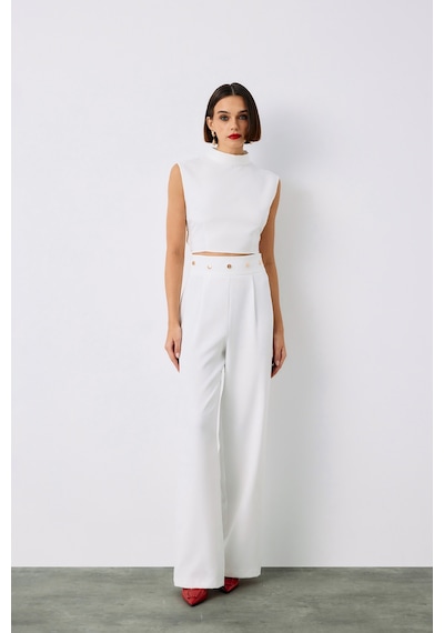 Sateen Bel Aksesuarlı Pantolon - Ekru-135212 Ekru