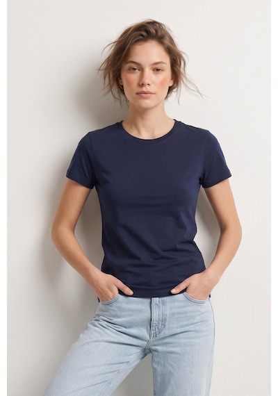 Elemge %95pamuk %5likra Vücuda Oturan Magic Fit Lacivert Kadın Stretch T-shirt Compact Penye Kısa Kol Esnek Basic Tişört Elastan