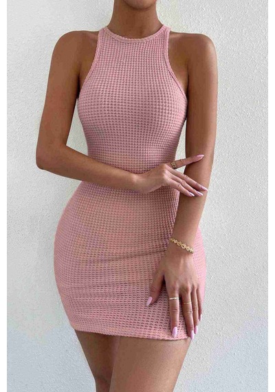 Merry See Vücuda Oturan Diz Üstü Mini Örme Elbise Pembe 001