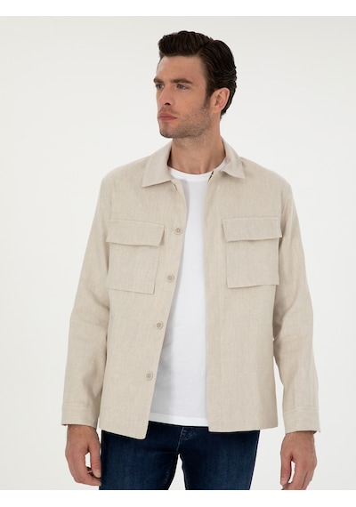 Cacharel Bej Slim Fit Keten Karışımlı Ceket Gömlek 15469610