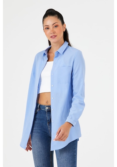 Pera Moda Kadın Gizli Düğme Özellikli Cepli Tunik Gömlek Mavi