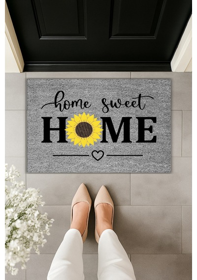 Rugmood Modern Dijital Baskı Paspas - Home Sweet Home Papatya - Kapı Önü Paspası 70x45cm Gri