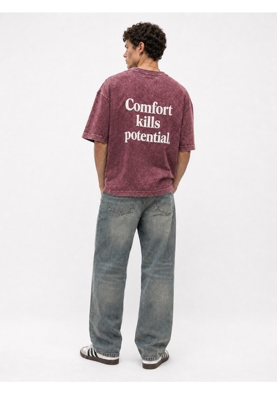 Respire Erkek Puf Baskılı Yıkamalı Oversize T-shirt Bordo
