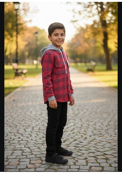 Gala Kareli Kapüşonlu Ünisex Çocuk Gömlek Kırmızı