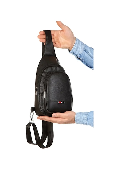 Unisex Deri Çapraz Askılı Çanta Göğüs Çanta Çift Yönlü Omuz Çanta Kulaklık Çıkışlı Bodybag Günlük Siyah