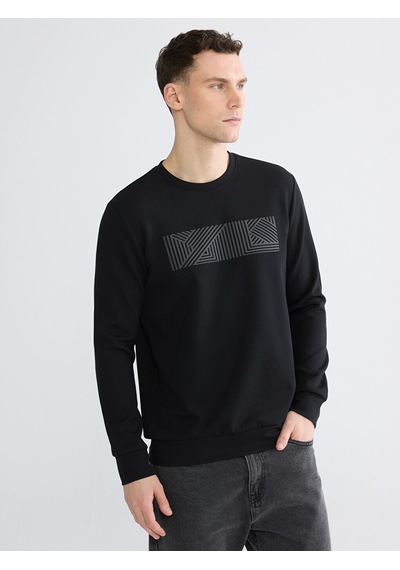 Lcwaıkıkı Classic Siyah Bisiklet Yaka Baskılı Erkek Sweatshirt