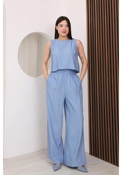 Famoda Mavi Sırtı Çapraz Bağcıklı Crop Bluz & Yüksek Bel Palazzo Pantolon Alt Üst Takım