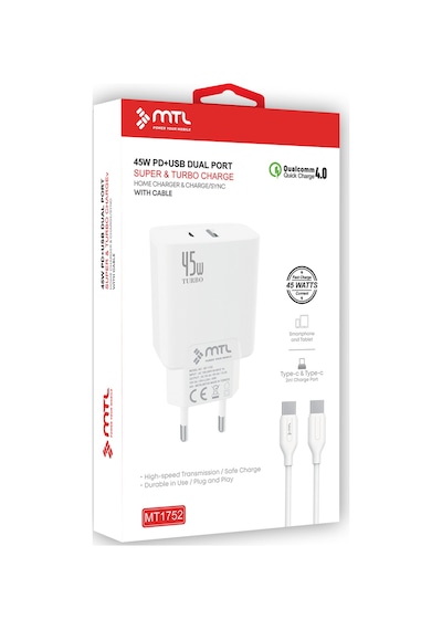 45w Turbo Çift Çıkış Type-c+usb Adaptör+type-c Type-c Kablo Süper Fast Şarj Seti Mt1752