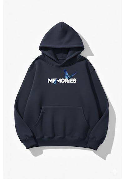 Uyguntarz Unisex Yumuşak Dokulu Butterfly Memories Baskılı Tasarım Oversize 3 İplik Hoodie Sweatshirt Indigo