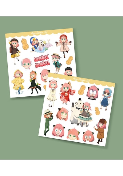 Anya 2 Li Sticker Set Spy X Family Parlak Sticker Hediye Etiket Çıkartmaları Anime Süsleme Yeşil