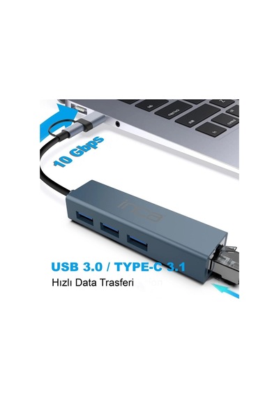 Inca Iutp-03tx Ethernet Usb 3.0+type-c 3.1 Grişli 000 Mbps 3x3.1usb Eternet-çoklayıcı