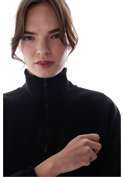 Penti Siyah Silky Touch Dik Yaka Fermuarlı Crop Sweatshirt