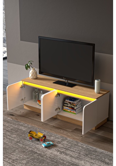 Led Işıklı Tv Ünitesi Mdf Kapak 150 Cm Beyaz