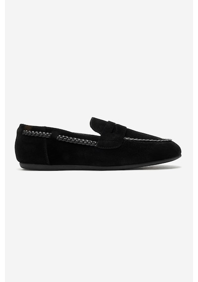 Luvi Shoes Francıs Siyah Süet Hakiki Deri Örgü Detaylı Kadın Loafer Ayakkabı