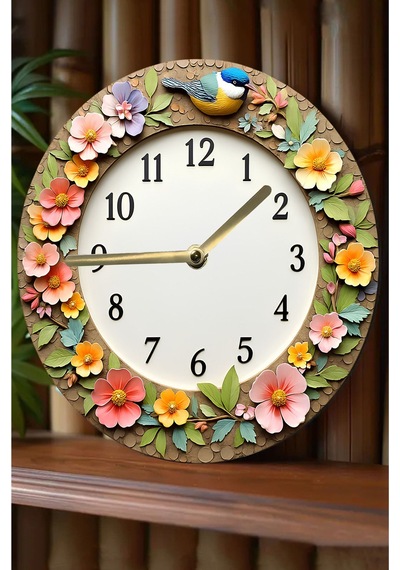 Çiçek Ve Kuş Temalı 3d Görünümlü Mdf Duvar Saati 33 Cm Sdw274 Renkli
