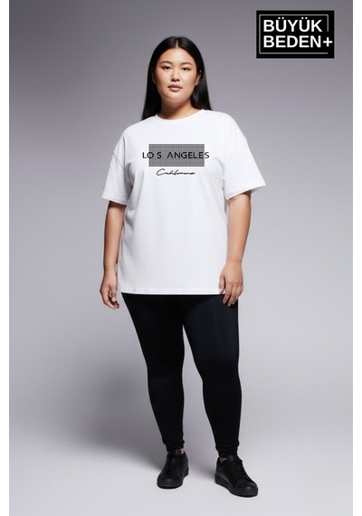 Superlife Kadın Büyük Beden Los Angeles Baskılı 3xl-6xl Bisiklet Yaka Tshırt Spr26btsk510-18 Beyaz
