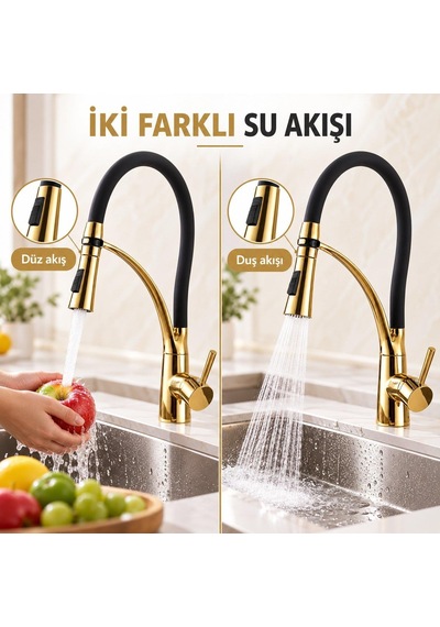 Valkyrie Çekilebilir Başlıklı Mutfak Bataryası 2 Akışlı Esnek Hortumlu Altın Siyah Siyah - Altın
