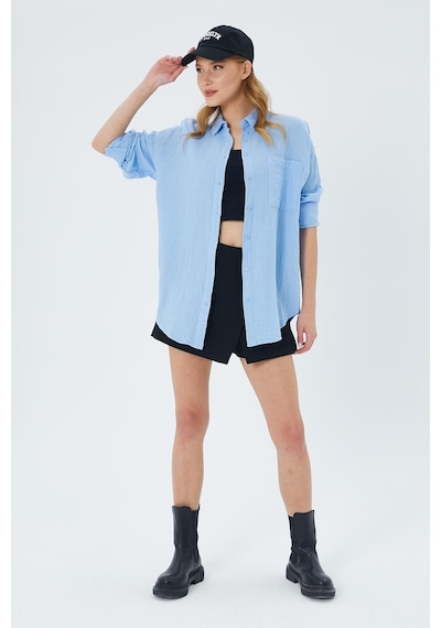 Mixray 3833 Kadın Oversize Cepli Müslin Gömlek Bebe Mavi