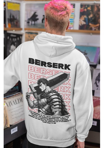 Sevbano Berserk Guts Anime Sırt Baskılı Unisex Oversize Penye Hoodie beyaz
