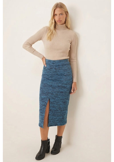 Armonika Kadın Turkuaz Önden Yırtmaçlı Beli Lastikli Midi Boy Etek Arm-26k001037