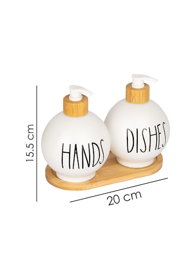 2'li Bambu Altlıklı Bambu Pompalı Tombul Cam Sabunluk Deterjanlık 350 Ml Beyaz