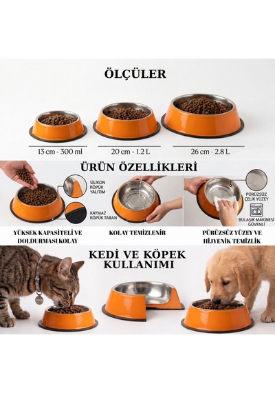 2 Adet Paslanmaz Çelik Kaymaz Taban Turuncu Kedi Ve Köpek Mama Kabı - Küçük Boy 13 Cm - 300 Ml