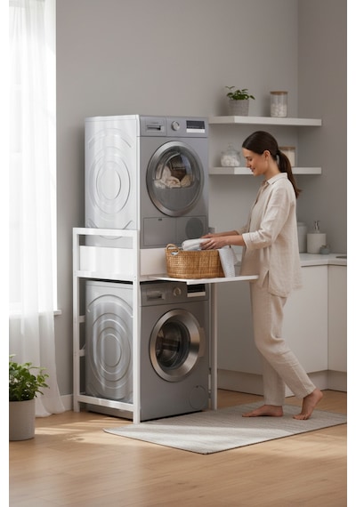 Çamaşır Sepeti Çekmeceli Çamaşır Makinası Ve Kurutma Makinası Rafı Makina Üstü Banyo Düzenleyici Raf Ekru
