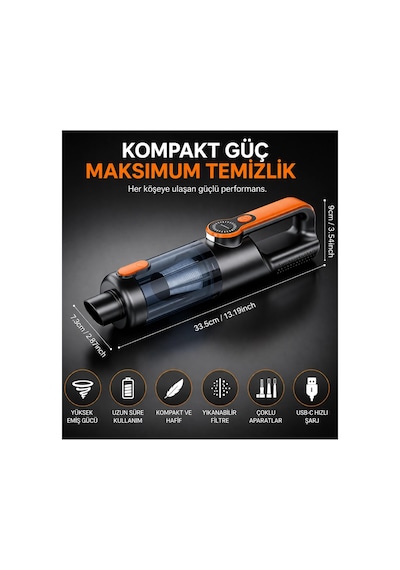 Araç Süpürgesi Işıklı Kablosuz 22.000 Pascal Çekim Gücü Vakum Ve Üfleme 2in1 10başlık Metal Filtreli