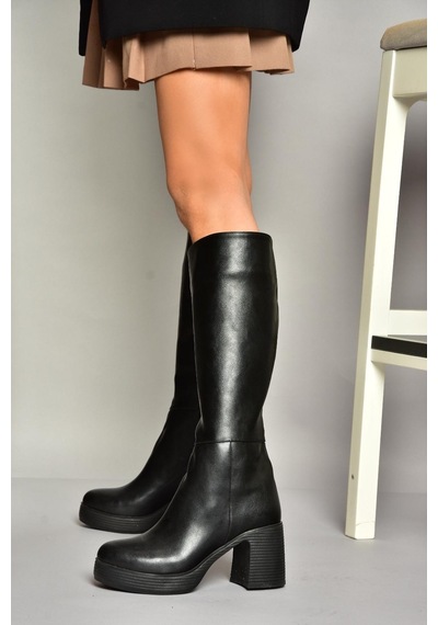 Fox Shoes T282099909 Siyah Kalın Topuklu Kadın Çizme Siyah-Suni Deri