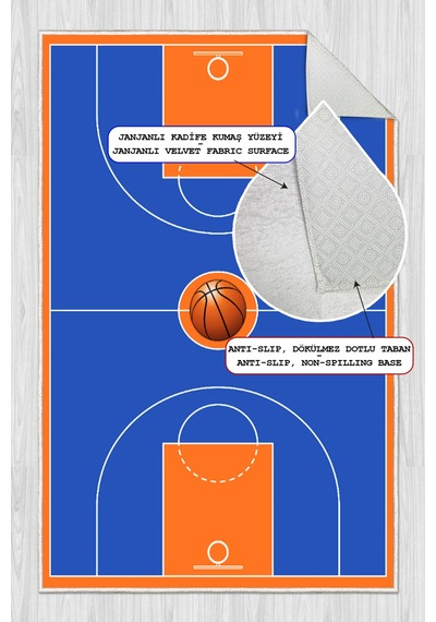 Basketbol Sahası Desenli Yıkanabilir Kaymaz Taban Çocuk Oyun Halısı Mavi