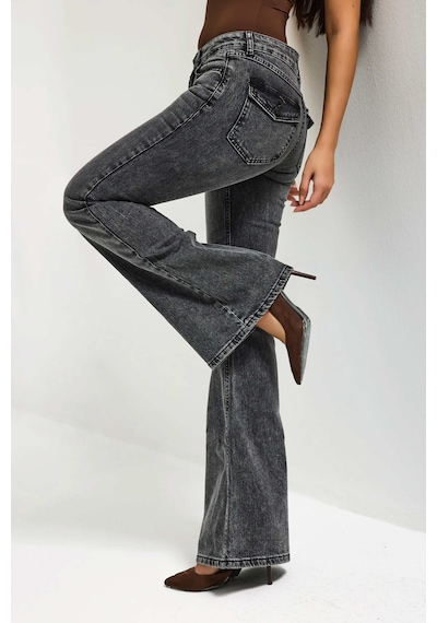 Itsbasic Kadın Kot Füme 4s6-14 Sln05 Mide Rise Flare Fit Süper Esnek Kumaş İç Boy 83cm Denim Jean
