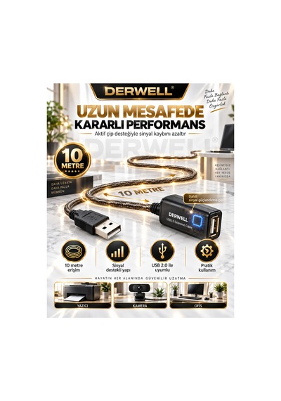 Yeni 2026 10 Metre Usb 2.0 Aktif Uzatma Kablosu Dahili Güçlendirilmiş Sinyal Çipli Kopma Donma Yapmaz Tak Çalıştır Erkek Dişi Yüksek Hızlı Kararlı Veri Aktarım Kablosu Gold Seri Premium