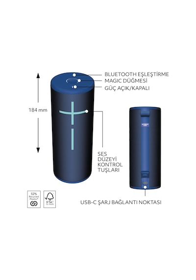 Ultimate Ears Boom 4 Taşınabilir Su Geçirmez Bluetooth Hoparlör, 360 Derece, 15 Saatlik Pil Ömürlü - Mavi
