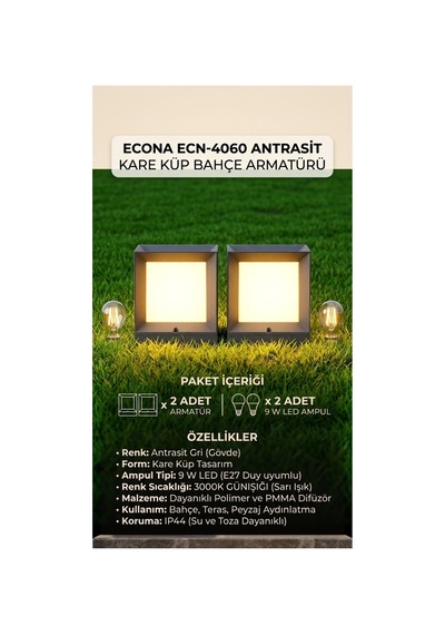 2 Adet Ecn-4060 Antrasit Dekoratif Kare Küp Set Üstü Abs Bahçe Aydınlatma Armatürü Set Üstü Dekoratif Aplik,baba Üstü,9w Led Ampul Dahil 3000k