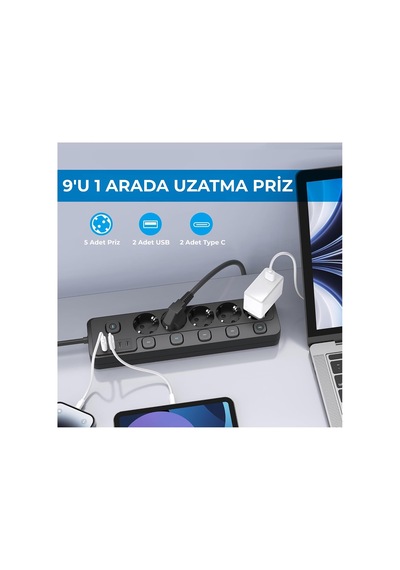 Akım Korumalı Çoklu Priz, 2 Adet Usb, 2 Adet Type-c Girişi, 5 Adet Ac Girişi, Hızlı Şarj Desteği, 2m Kablo Uzun 0