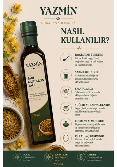 Yazmin Sarı Kantaron Yağı 250 Ml Cam Şişe Doğal Kantaron Yağı %100 Bitkisel