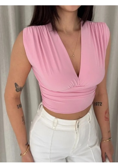 Dogutrend Vatkalı Kolsuz V Yaka Drapeli Crop Bluz Likralı Fit - Pembe
