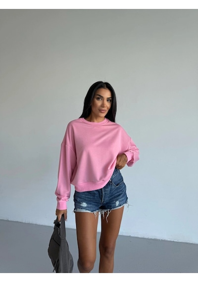 Kadın Pembe Bisiklet Yaka 2 İplik Sweatshirt Hzl25w-fry123391 Açık Pembe