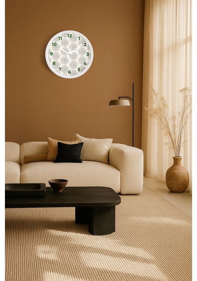 Mandala Tarzı Çiçek Çizimi Modern Duvar Saati - 35cm - Önü Camlı Beyaz Kasa - Sessiz Mekanizma-jh0850 Beyaz