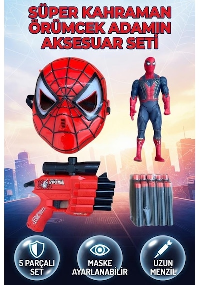 Spider-man Macera Seti Işıklı Maske 18 Cm Figür Ve Sünger Mermili Silah Oyuncak Seti