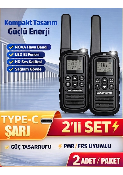 Valkyrie Pmr Baofeng 2 Li El Telsizi Seti Lisanssız Kullanım, 22 Kanal, Led Fenerli, Usb-c Şarj