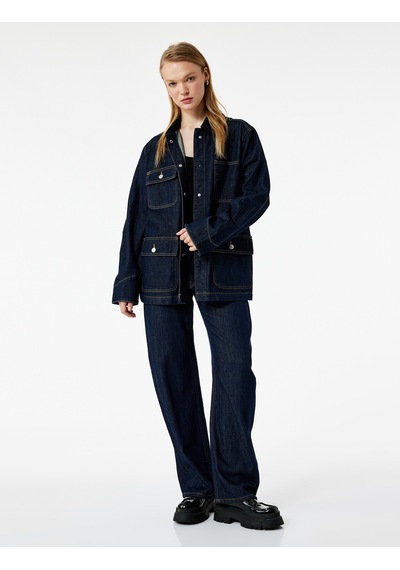 Koton Uzun Kollu Cep Detaylı Gömlek Yaka Denim Ceket Orta İndigo 6wal50008md Indigo