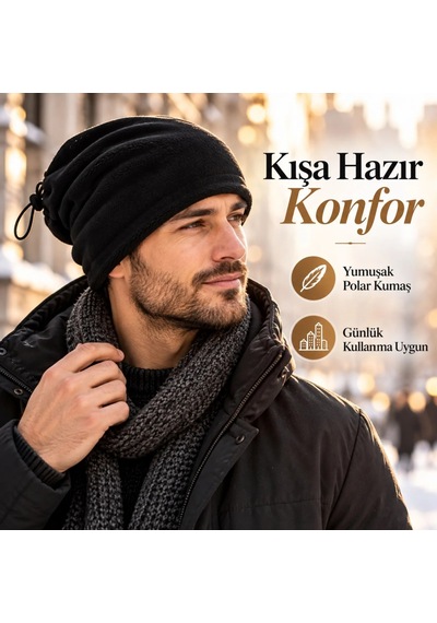 Genel Unisex Polar Bere Boyunluk 2 Adet Seti 2'si 1 Arada Büzgülü Sıcak Tutan Siyah / Standart / 2 Adet