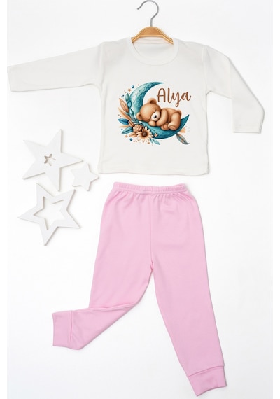Pia Baby İsme Özel Kız Çocuk Pijama Takımı %100 Pamuk Penye İsim Baskılı Kişiye Özel Çocuk Pijaması 10121p14pi Krem