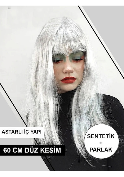 Platin Gri Gümüş Renk Uzun Parti Peruğu Uzun Takma Peruk N712