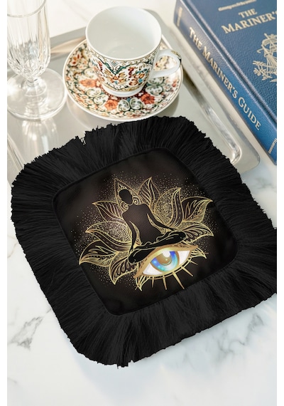 Lotus Meditasyon Saçaklı Sunum Peçetesi - Mistik Göz Harman Bohem Siyah Bardak Altlığı Mendil Çok Renkli
