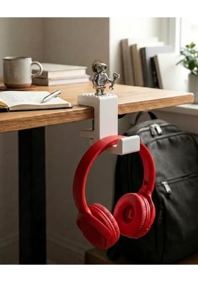 Atalarstudio Kulaklık Standı Masa Kenarı Kıskaç Tutucu, Mini Figür Sergi Yüzeyli, 18-33mm Masa Uyumlu, Vidalı Sıkıştırma Sistemi, Oyun Ve Ofis Masası Aksesuarı, 3d Baskı, Beyaz