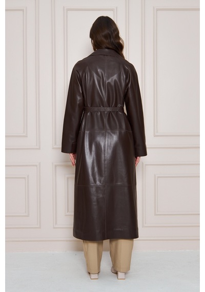 M M Marki Marki Kadın Hakiki Deri Trençkot Kahverengi, V Yaka, Kuşaklı, Düğme Kapamalı, Oversize, 120 Cm - 117222