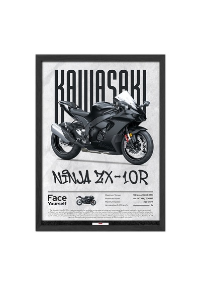 Kawasaki Ninja Zx-10 R Siyah Ahşap Çerçeveli Poster, Dekoratif Motosiklet Duvar Tablosu